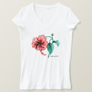Rode Hibiscus V-Neck T-shirt voor Dames