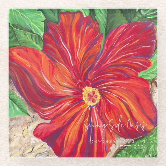 Rode Hibiscus Vakantiehuis Glazen Onderzetter (Voorkant)