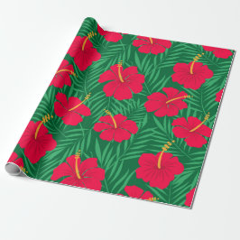 Rode Hibiscusbloemen op Tropische Bladeren Patroon Cadeaupapier