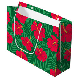 Rode Hibiscusbloemen op Tropische Bladeren Patroon Groot Cadeauzakje