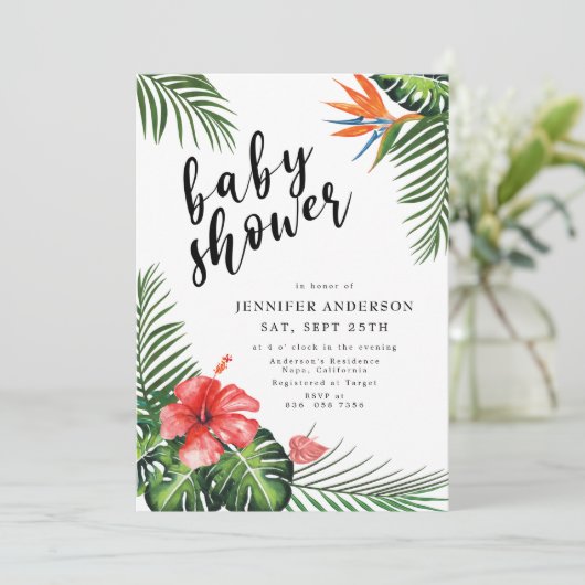 Rode Hibiscuspalm verlaat tropisch Baby shower Kaart (Staand voorkant)