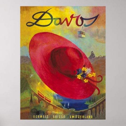 Rode hoed over zomer berglandschap, Davos Poster (Voorkant)