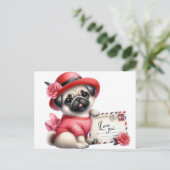Rode Hoed Pug  Briefkaart (Staand voorkant)