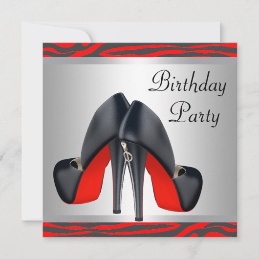 Rode Hoge Hak Schoenen Rode Zebra Verjaardagsfeest Kaart (Voorkant)
