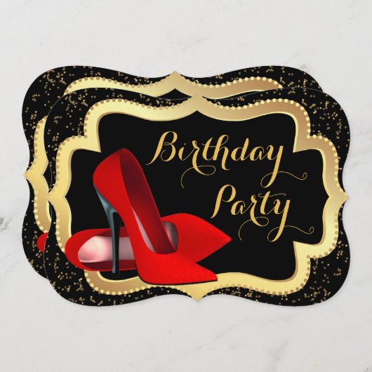 Rode Hoge Hak Zwart en Goud Verjaardagsfeest Kaart (Voorkant / Achterkant)