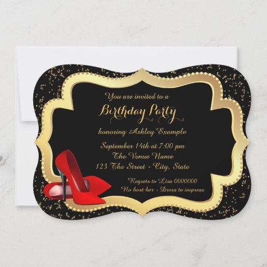 Rode Hoge Hak Zwart en Goud Verjaardagsfeest Kaart (Achterkant)