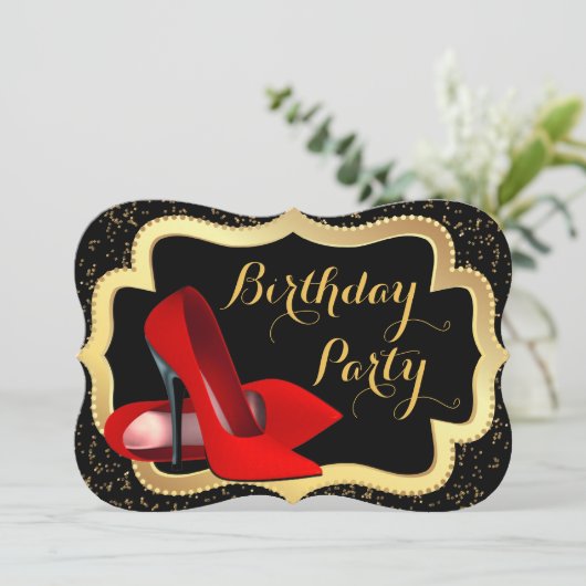 Rode Hoge Hak Zwart en Goud Verjaardagsfeest Kaart (Staand voorkant)