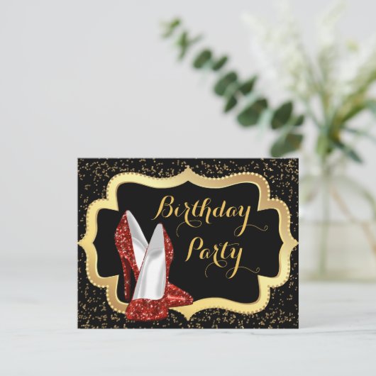 Rode Hoge Hak Zwart en Goud Verjaardagsfeest Kaart (Staand voorkant)