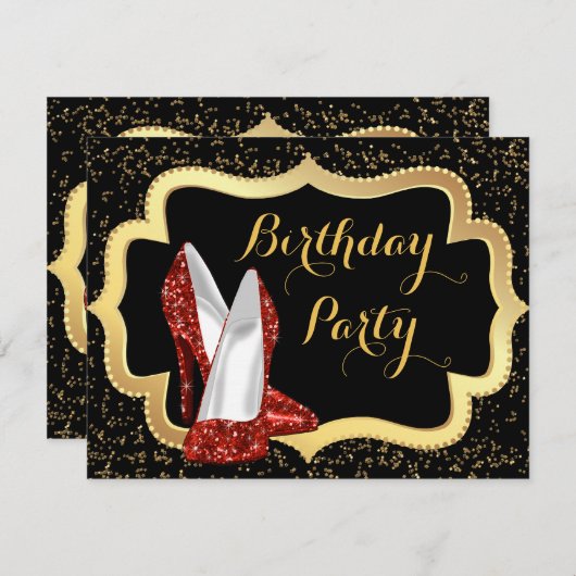 Rode Hoge Hak Zwart en Goud Verjaardagsfeest Kaart (Voorkant / Achterkant)