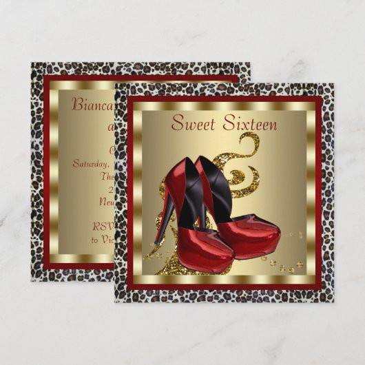 Rode hoge hakken luipaard sweet sixteen verjaardag kaart (Voorkant / Achterkant)