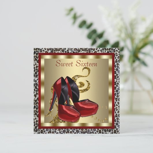 Rode hoge hakken luipaard sweet sixteen verjaardag kaart (Staand voorkant)