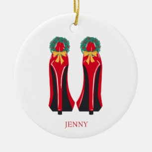 Rode Hoge Hakken met Kerstkransen Keramisch Ornament
