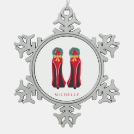 Rode Hoge Hakken met Kerstkransen Tin Sneeuwvlok Ornament