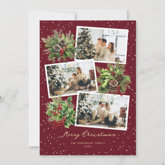 Rode Holly Berries Pine Kegels Foto Kerst Kaart (Voorkant)