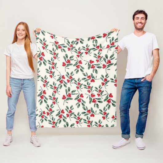 Rode Holly bessen Groene maretak bladeren Fleece Deken (In situ)