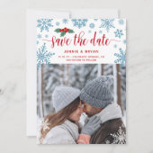 Rode Holly Blauwe Sneeuwvlokken Foto Kerstmis Brui Save The Date (Voorkant)