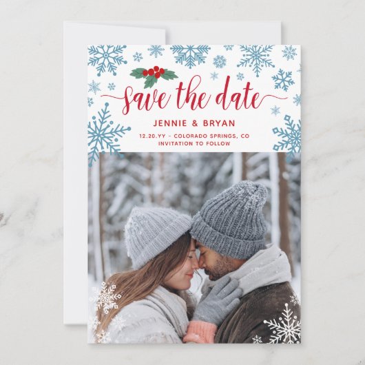 Rode Holly Blauwe Sneeuwvlokken Foto Kerstmis Brui Save The Date (Voorkant)