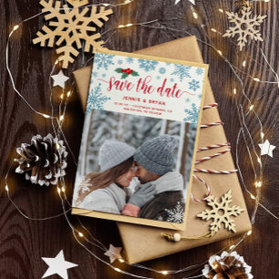 Rode Holly Blauwe Sneeuwvlokken Foto Kerstmis Brui Save The Date