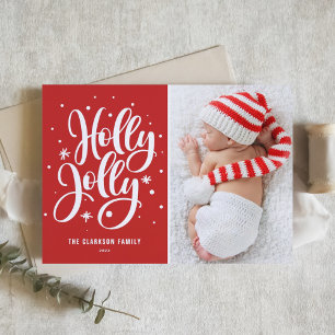 Rode Holly Jolly Hand Lettering Baby Foto Feestdagen Kaart