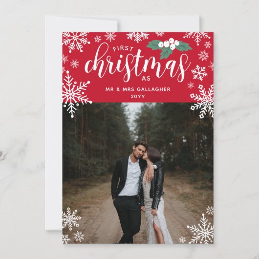 Rode Holly Sneeuwvlokken 1e Kerstmis Getrouwd Foto Feestdagenkaart (Voorkant)