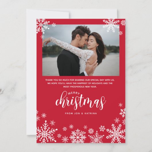 Rode Holly Sneeuwvlokken 1e Kerstmis Getrouwd Foto Feestdagenkaart (Achterkant)