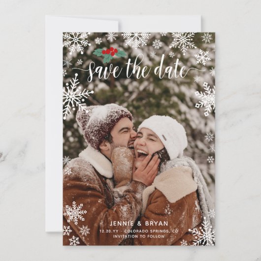 Rode Holly Sneeuwvlokken Grote Foto Kerstmis Bruil Save The Date (Voorkant)
