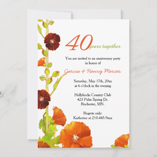 Rode Hollyhocks Witte 40e huwelijksjubileum Kaart (Voorkant)
