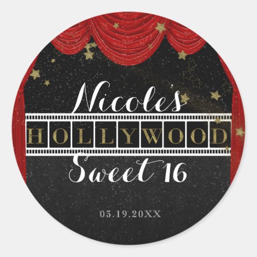 Rode HOLLYWOOD Gordijnen & Gouden Partij Custom Fa Ronde Sticker (Voorkant)