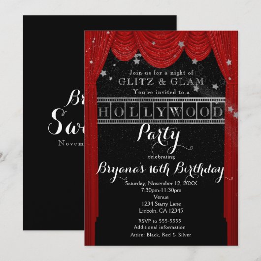 Rode Hollywoodgordijnen en zilveren feestuitnodigi Kaart (Voorkant / Achterkant)