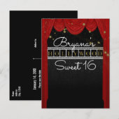 Rode Hollywoodgordijnen & Gouden Feest Save the Da Aankondigingskaart (Voorkant / Achterkant)