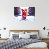 Rode hond loopt door besneeuwde winterstraat canvas afdruk (Insitu (Slaapkamer))