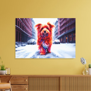 Rode hond loopt door besneeuwde winterstraat canvas afdruk