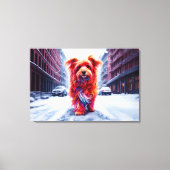 Rode hond loopt door besneeuwde winterstraat canvas afdruk (Voorkant)