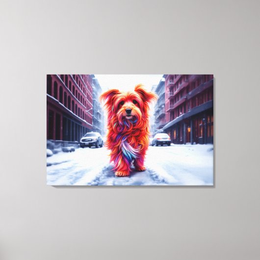 Rode hond loopt door besneeuwde winterstraat canvas afdruk (Voorkant)