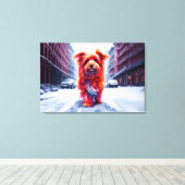 Rode hond loopt door besneeuwde winterstraat canvas afdruk (Insitu (Houten vloer))