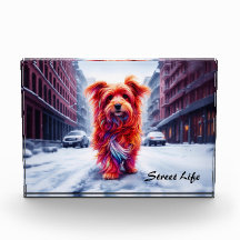 Rode hond loopt door besneeuwde winterstraat