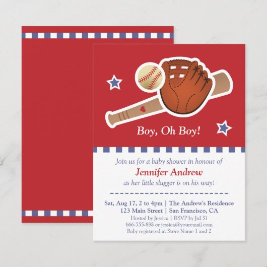 Rode honkbal baby shower kaart (Voorkant / Achterkant)