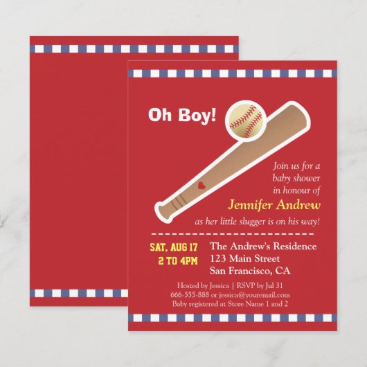 Rode honkbal baby shower kaart (Voorkant / Achterkant)