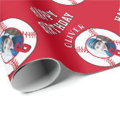 Rode Honkbal Kinderen Verjaardagsfoto Cadeaupapier (Rol Hoek)