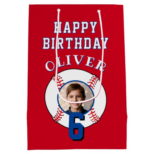 Rode Honkbal Kinderen Verjaardagsfoto Medium Cadeauzakje (Achterkant)