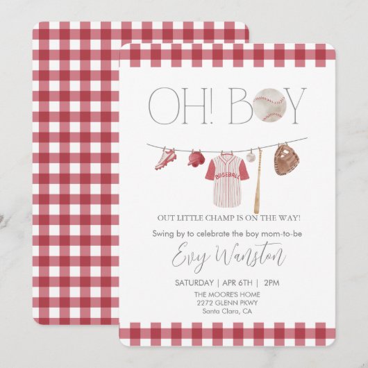Rode honkbal Oh, jongen baby shower uitnodiging (Voorkant / Achterkant)