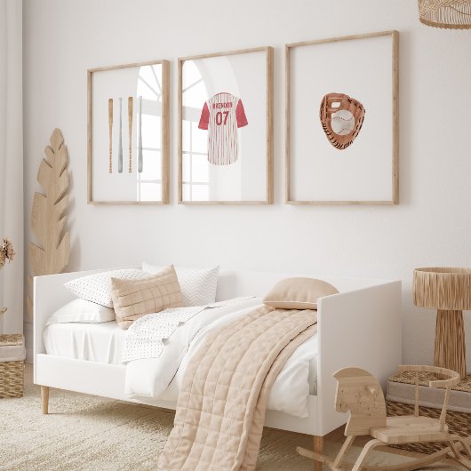 Rode honkbal sport aangepaste naamset van 3 poster muurkunst sets