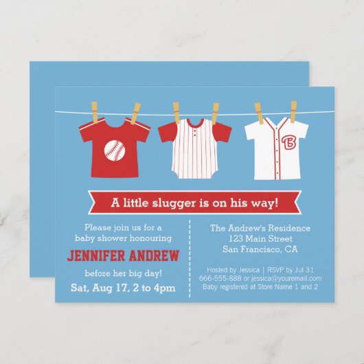 Rode honkbaljongen douche uitnodiging (Voorkant / Achterkant)