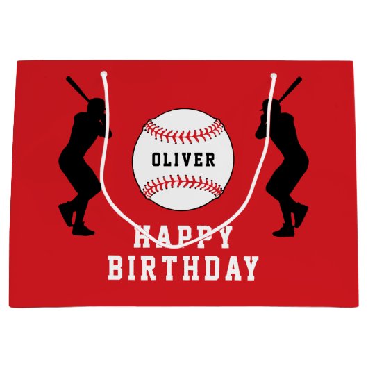 Rode honkbalspeler Kinder naam Verjaardag Groot Cadeauzakje (Voorkant)