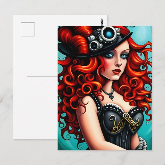 Rode Hoofd Steampunk Vrouw Briefkaart (Voorkant / Achterkant)