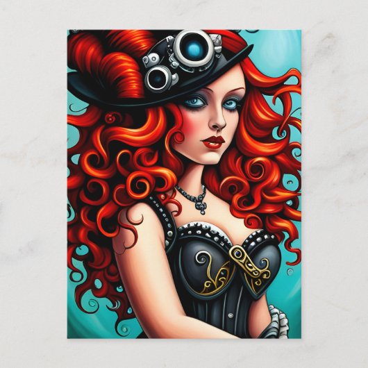 Rode Hoofd Steampunk Vrouw Briefkaart (Voorkant)