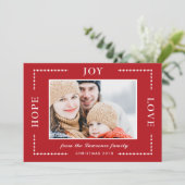 Rode Hoop Vreugde Liefde Kerstmis Foto Feestdagenkaart (Staand voorkant)