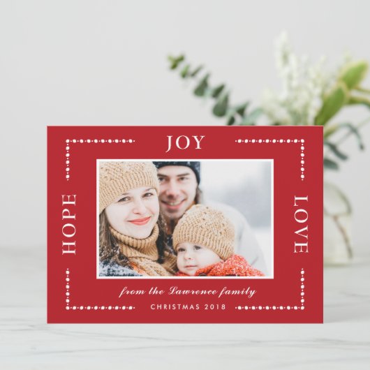 Rode Hoop Vreugde Liefde Kerstmis Foto Feestdagenkaart (Staand voorkant)