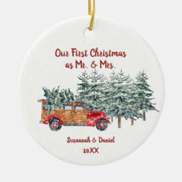 Rode Houten Dennebomen Sneeuw onze eerste kerst Keramisch Ornament
