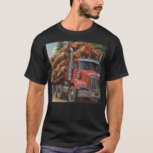 Rode houtkap Truck in de bergen T-shirt (Voorkant)